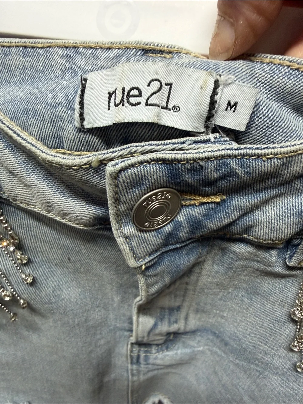 Light Wash Denim Mini Skirt with Rhinestone Fringe